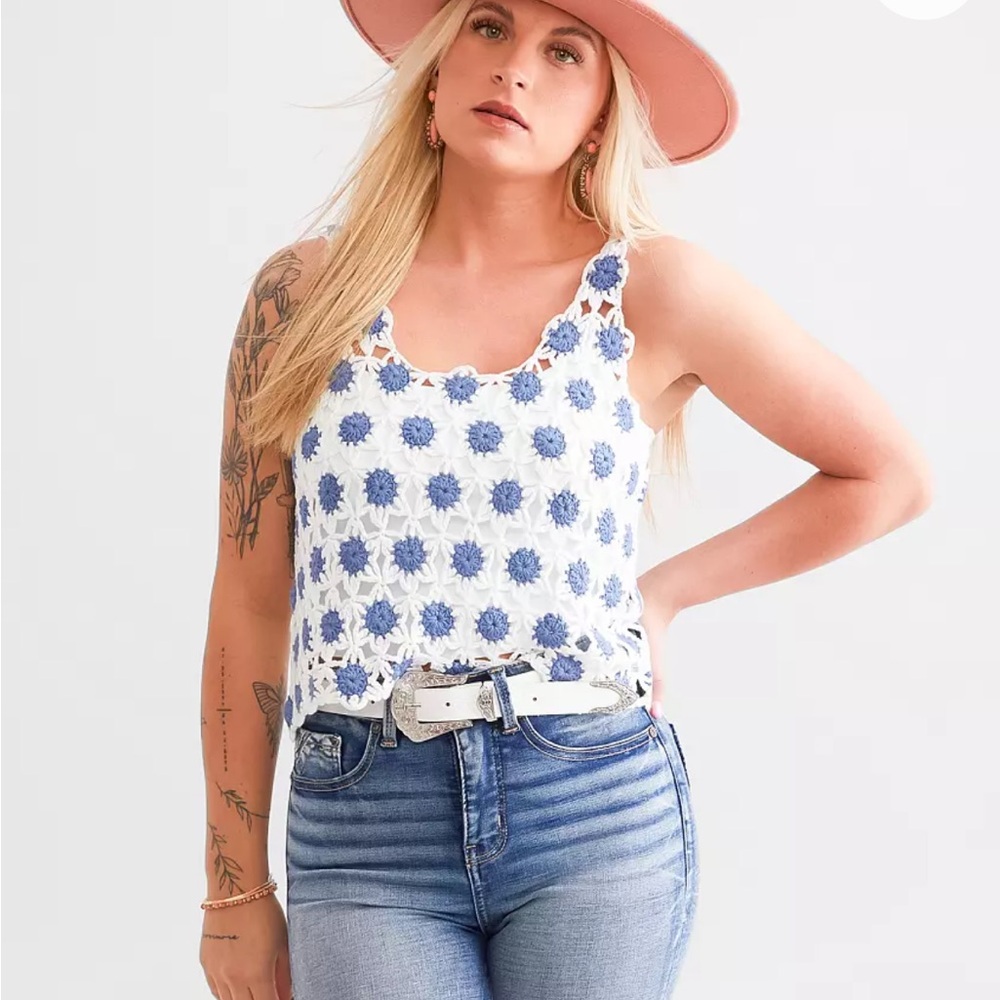 Buckle White and Blue Cropped Embellished Tank Top